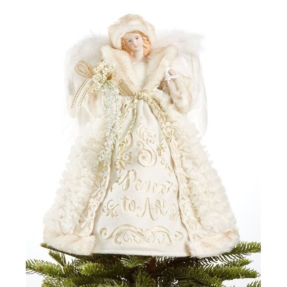 NewHOLIDAY LANE 10 Light Angel Tree Topper w Cream & Gold Dress w "Peace to All” - Picture 1 of 2